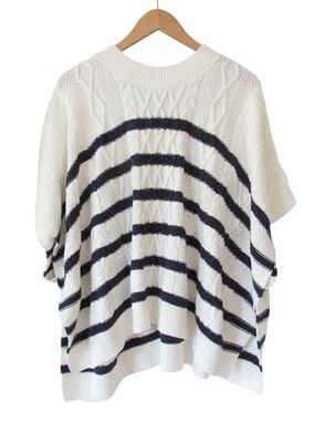 J Crew Factory Striped Cable Knit Poncho Sweater One Size White Navy Blue Preppy